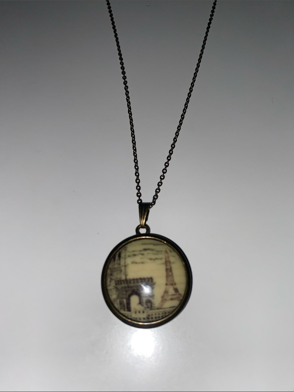 Vintage Paris Eiffel Tower Round Pendant Necklace in Bronze